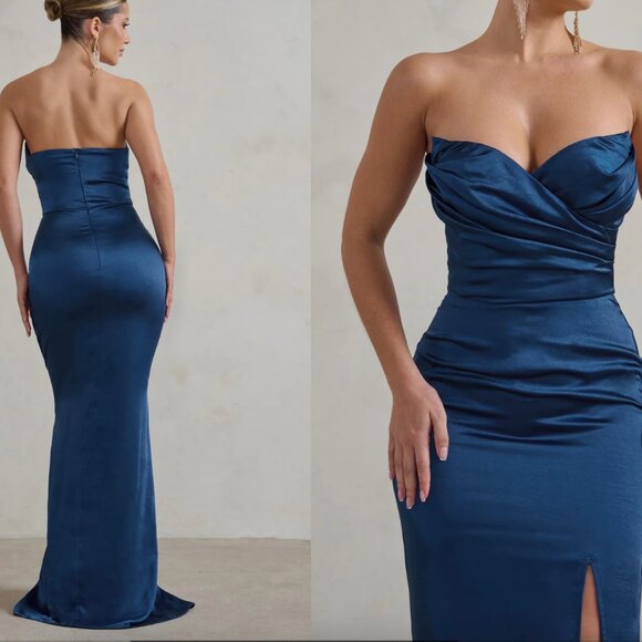 CORALINE NAVY STRAPLESS MAXI DRESS WITH SPLIT - Club L London - Picture 2 of 3